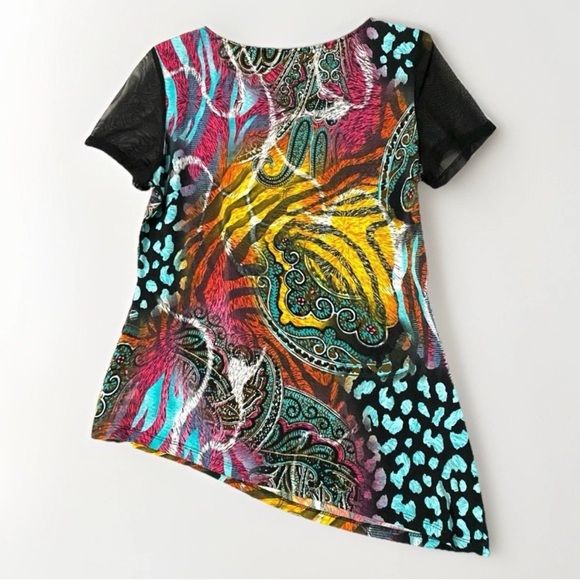 Simon Chang Women XL Abstract Animal Print Sleeveless Sheer Black Ruffle Shirt - Picture 2 of 5